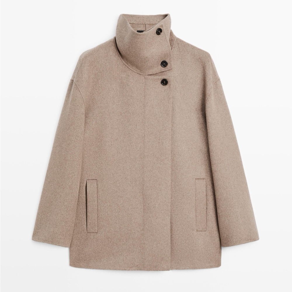 Massimo Dutti Beige Wool-Blend Stand-Collar Coat